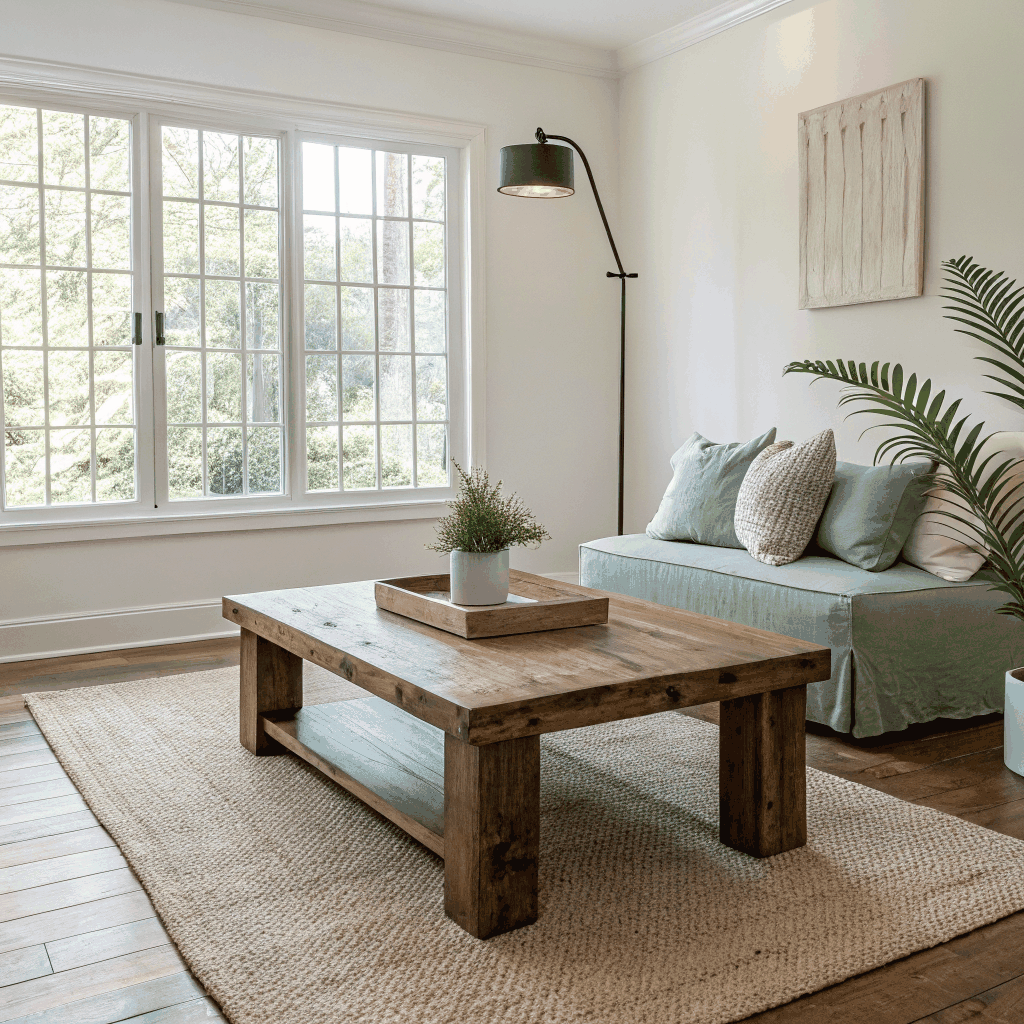 Living room featuring reclaimed wood flooring